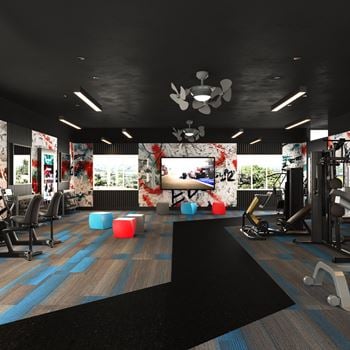 A rendering of a fitness room with a tv and exercise equipment